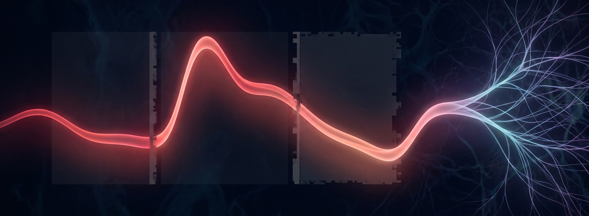 A continuous arterial pressure waveform sweeping across two coarse rectangular bins that fail to follow its shape, dissolving into neural fibres at the right